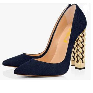 FSJ Navy Suede Gold Metal Chain Chunky High Heel Pointed Toe Slip On Prom Pumps